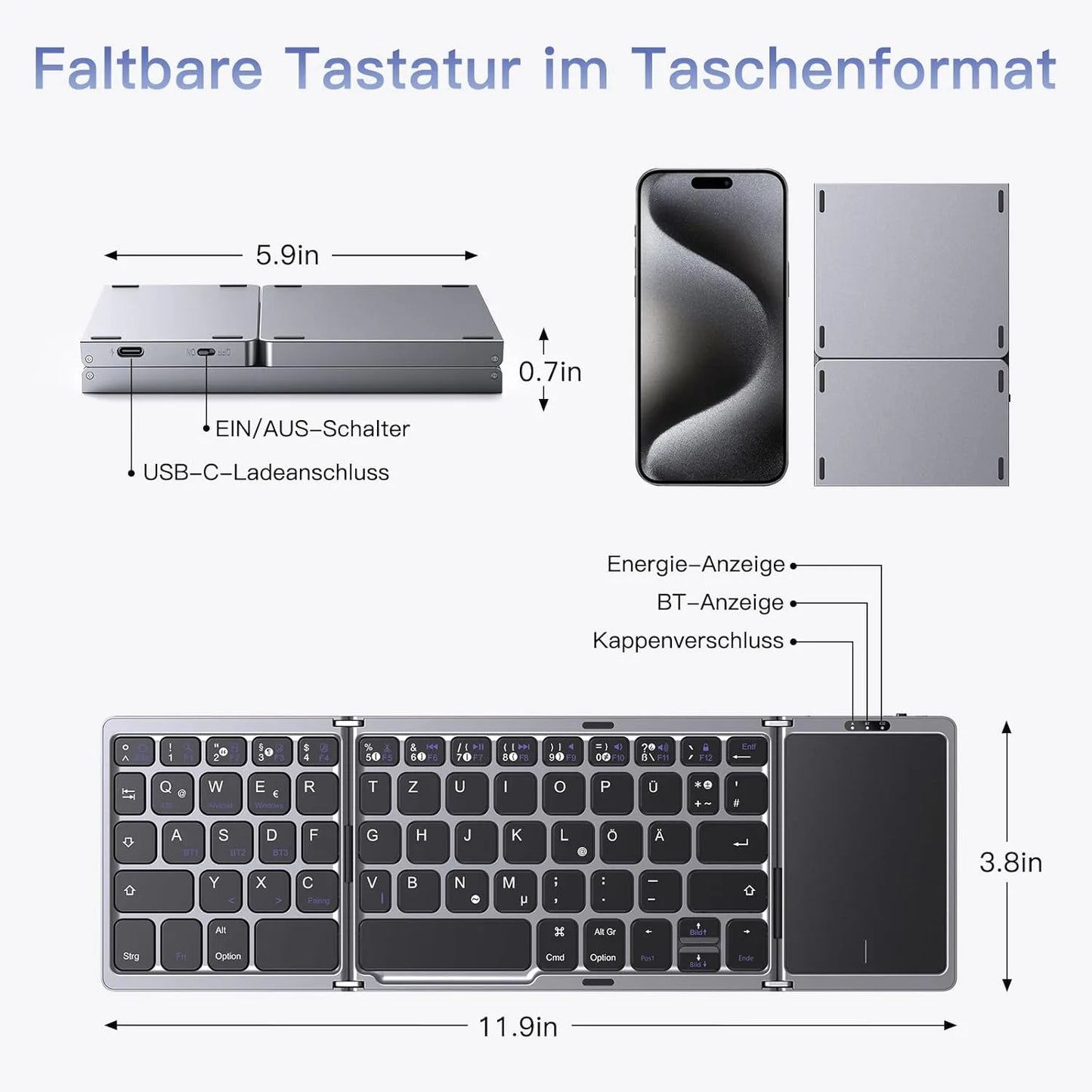 FoldKeyX, faltbare Tastatur mit Mousepad, kabellos
