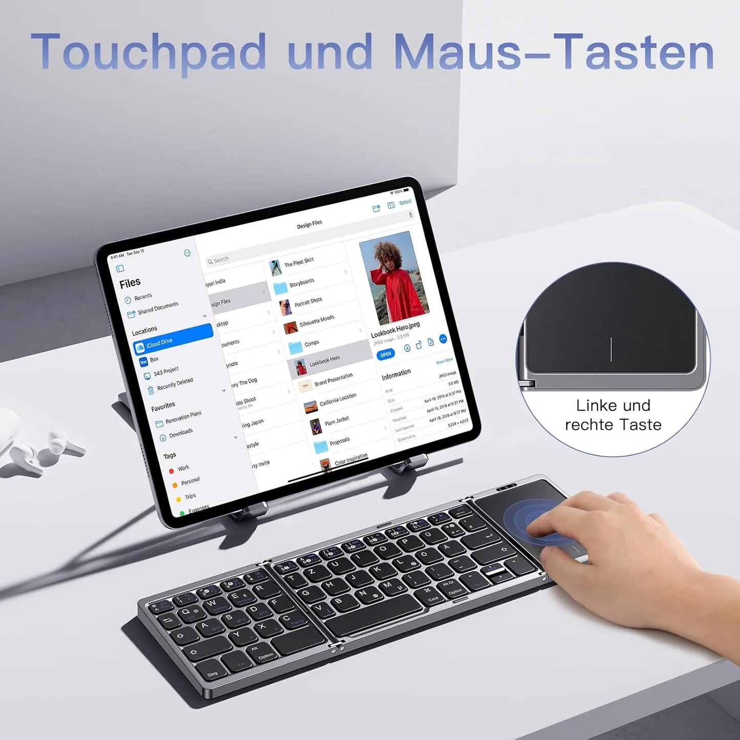 FoldKeyX, faltbare Tastatur mit Mousepad, kabellos
